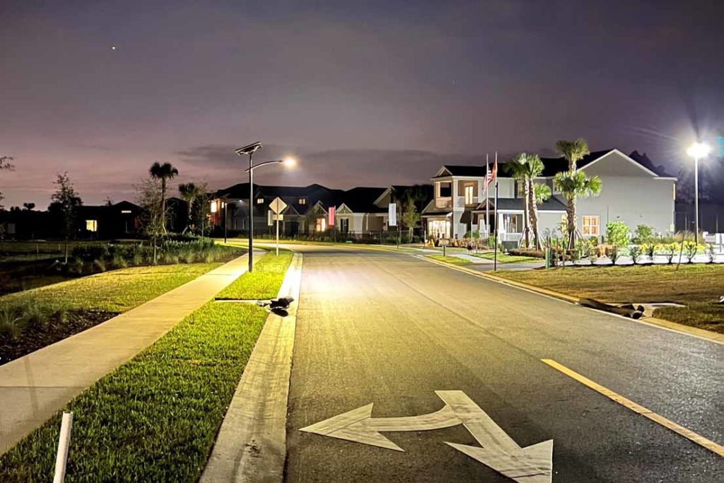 Solar-powered streetlights in a residential area, meeting LZ2 requirements.