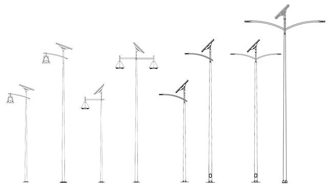 Line drawings of solar street light configurations