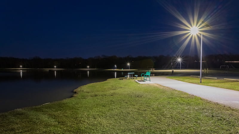 Fonroche solar lights illuminating Lee Lake Trail in Bartlesville, OK, providing safe, year-round pathway access.