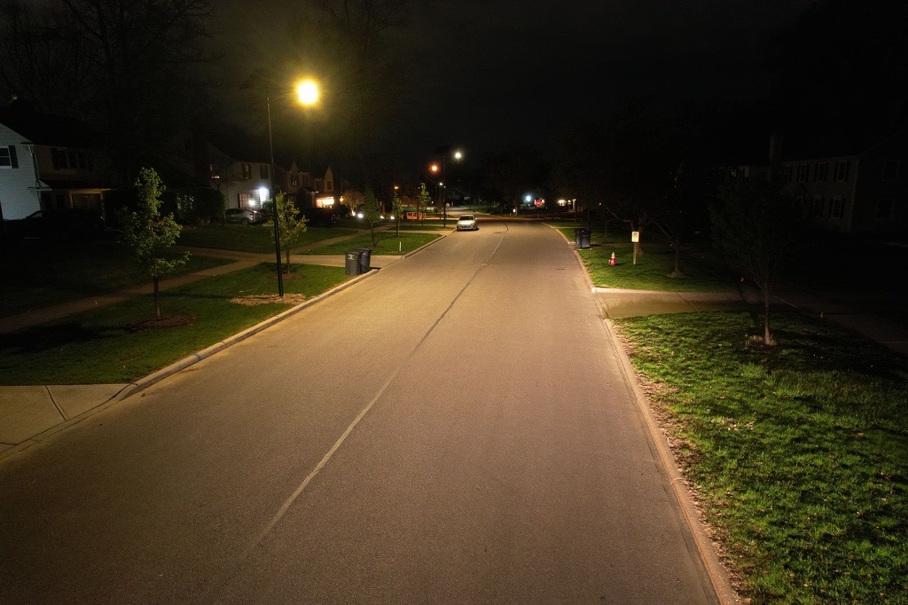 Nighttime street view showing the impact of Beachwood’s off-grid solar lighting solution—safe, clean, and trench-free