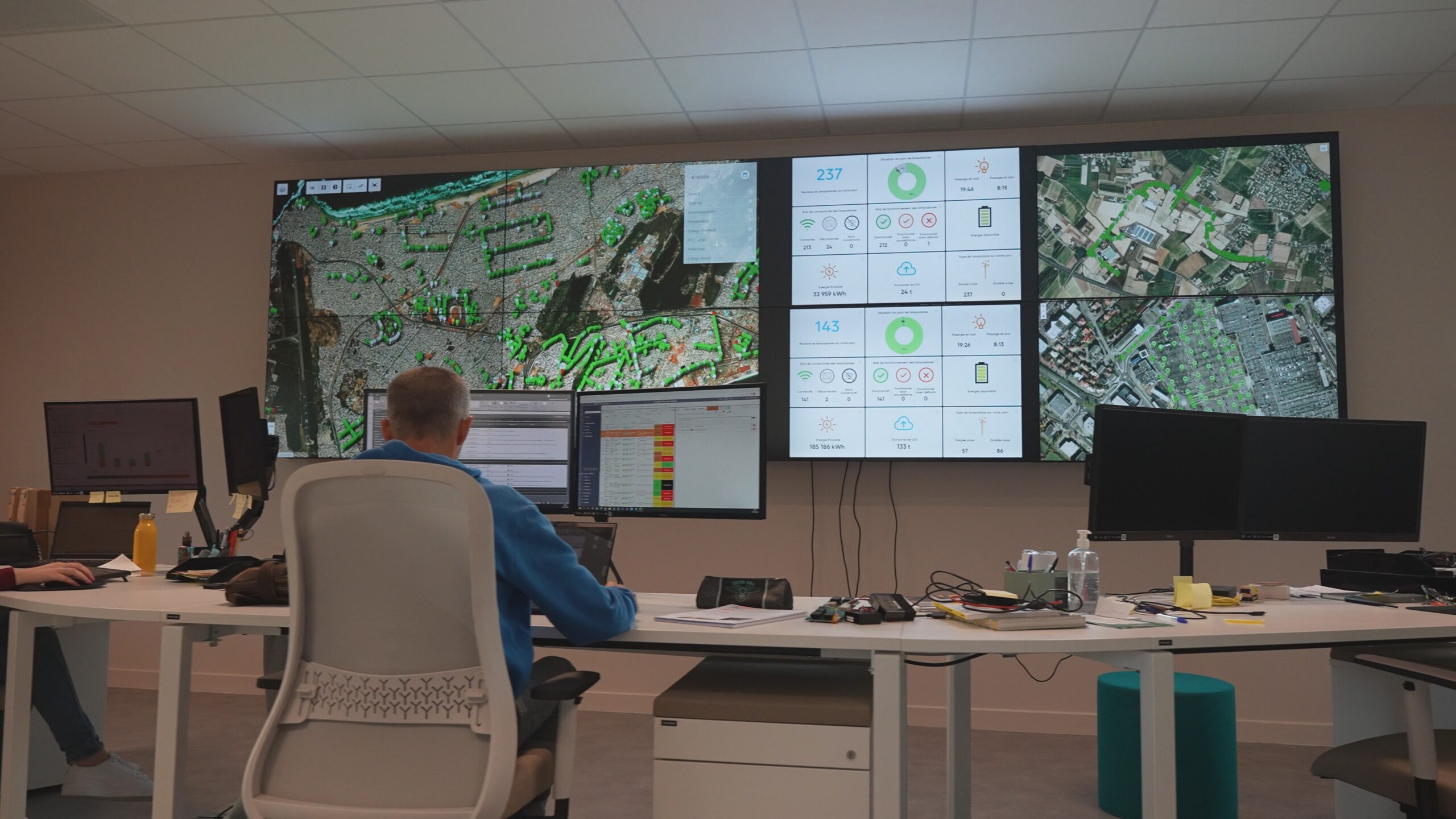 Fonroche Connect interface displayed across desktop, tablet, and mobile devices, showcasing remote monitoring and smart control technology for solar street lighting systems.