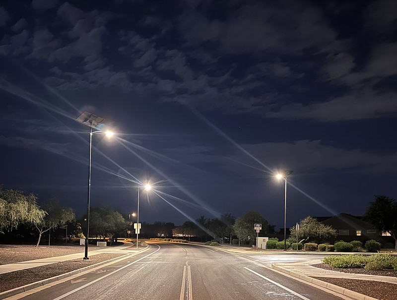 Solar streetlights illuminating a roadway at night, providing safer streets and enhanced visibility for South Carolina communities.