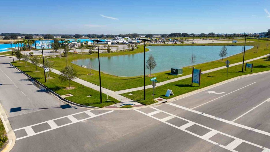 Modern Florida housing development uses off-grid solar lighting to meet sustainability goals.