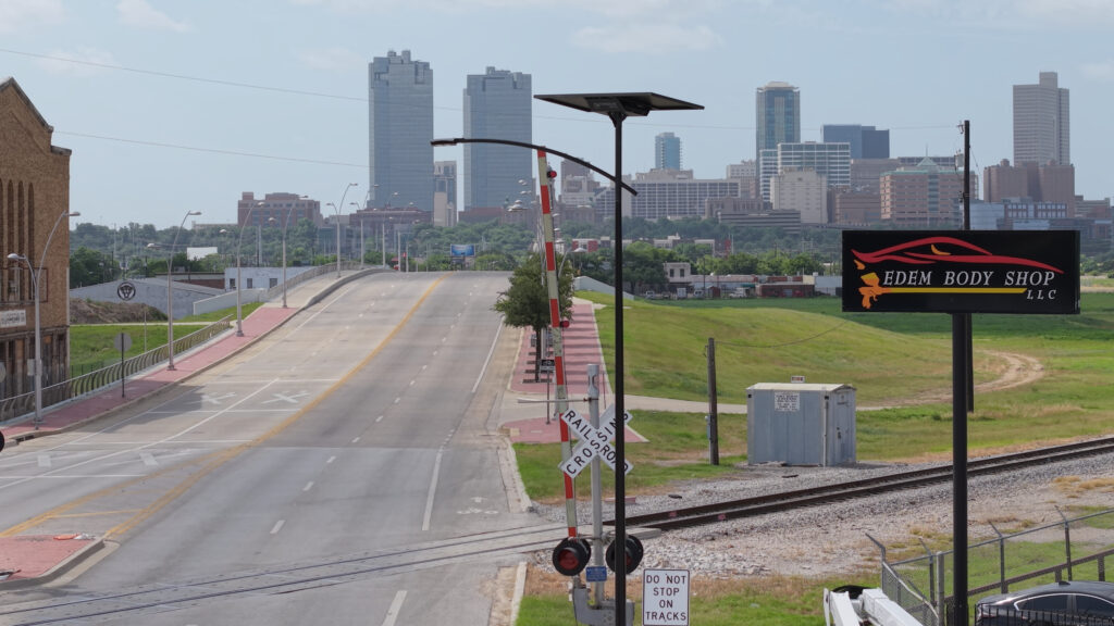 A wide view of a Fort Worth neighborhood, now lit by solar-powered SmartLights from Fonroche.