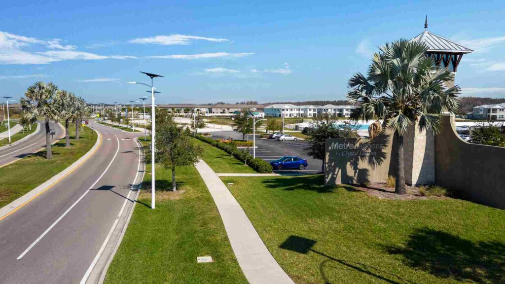 Off-grid solar lighting illuminating streets in a Florida residential community helping developers cut long-term costs and meet green building standards. 