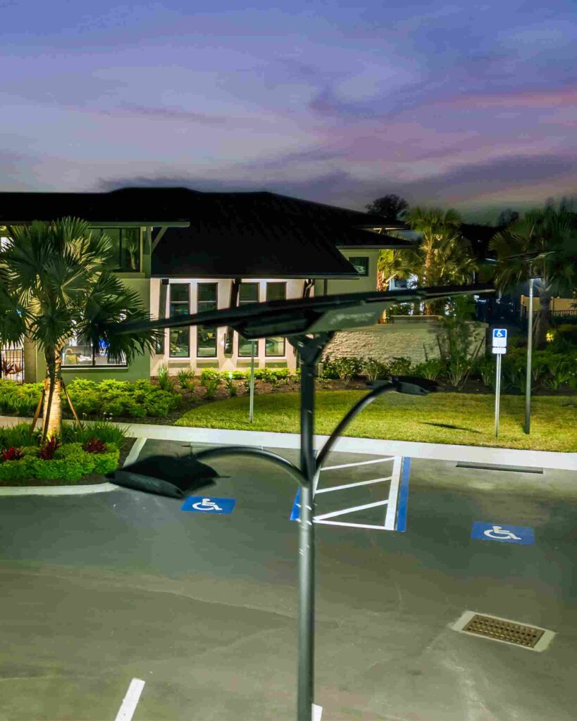 Solar lighting installed in a Florida shopping center parking lot was delivered trench-free in under an hour, built to withstand hurricanes and flooding. 