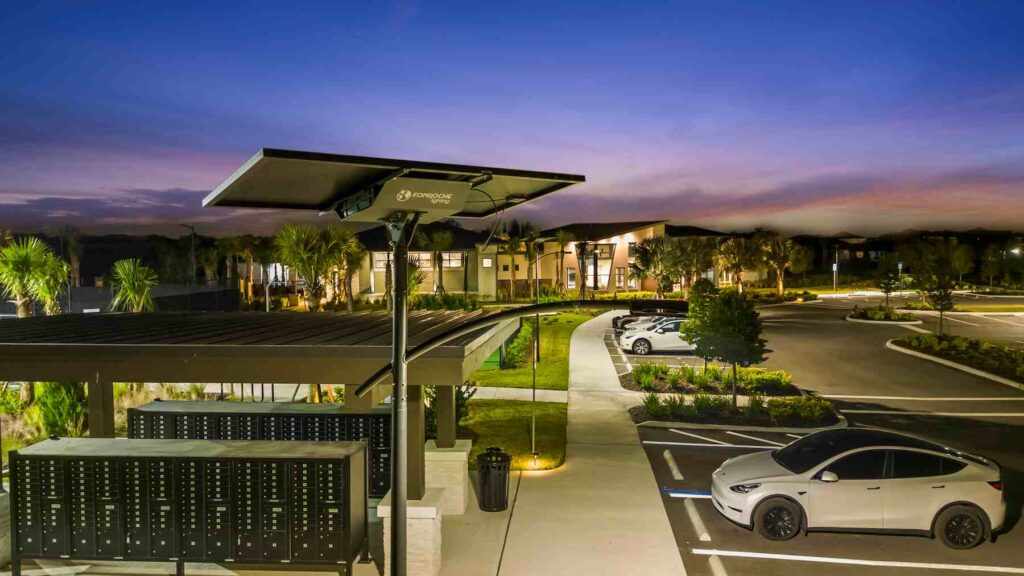 Fonroche solar lighting illuminating sidewalks and streets in a Florida HOA community enhancing safety and walkability without grid connection.