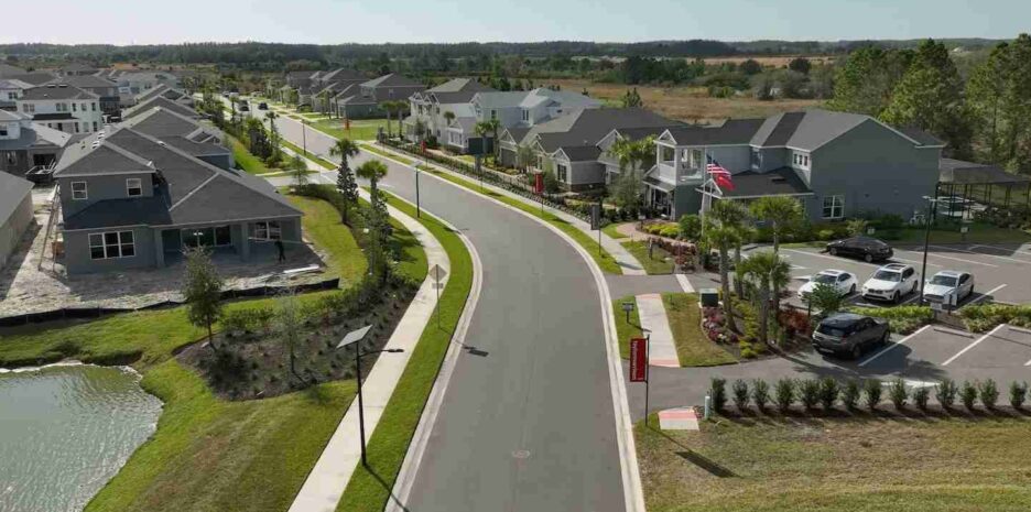 South Carolina suburban neighborhood with wide streets and modern homes, ideal for showcasing solar-powered street and pathway lighting that supports safe, resilient community growth.