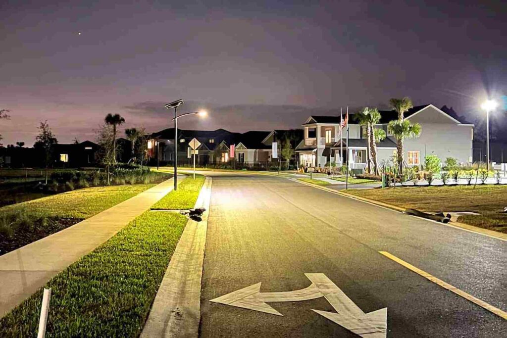 Solar streetlights operating along a rural North Florida highway deliver uninterrupted lighting even after severe weather and grid failure.