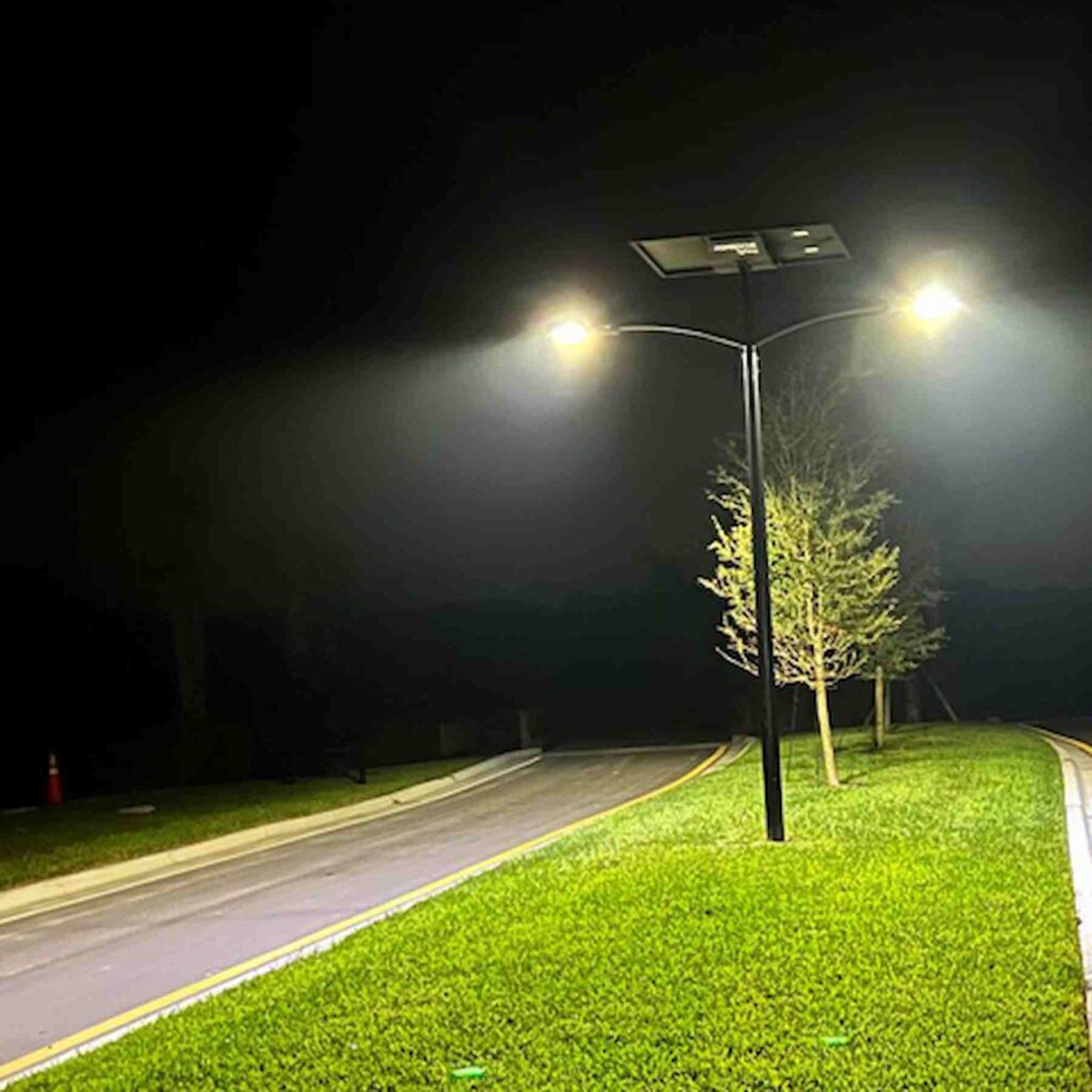 Off-grid roundabout lighting deployed in a rural Florida intersection engineered to improve night-time safety with no trenching or utility tie-ins. 