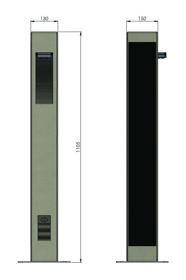 Technical drawing of an architectural solar bollard light showing dimensions and side profile.