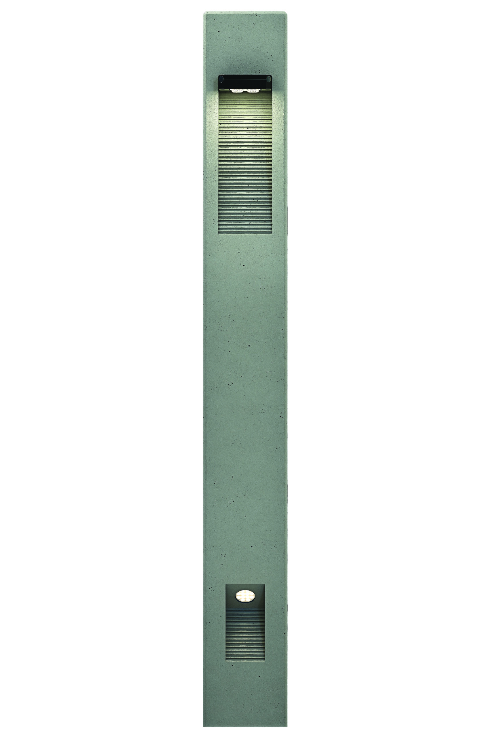 Architectural solar bollard light installed along a waterfront promenade providing sustainable pathway illumination.