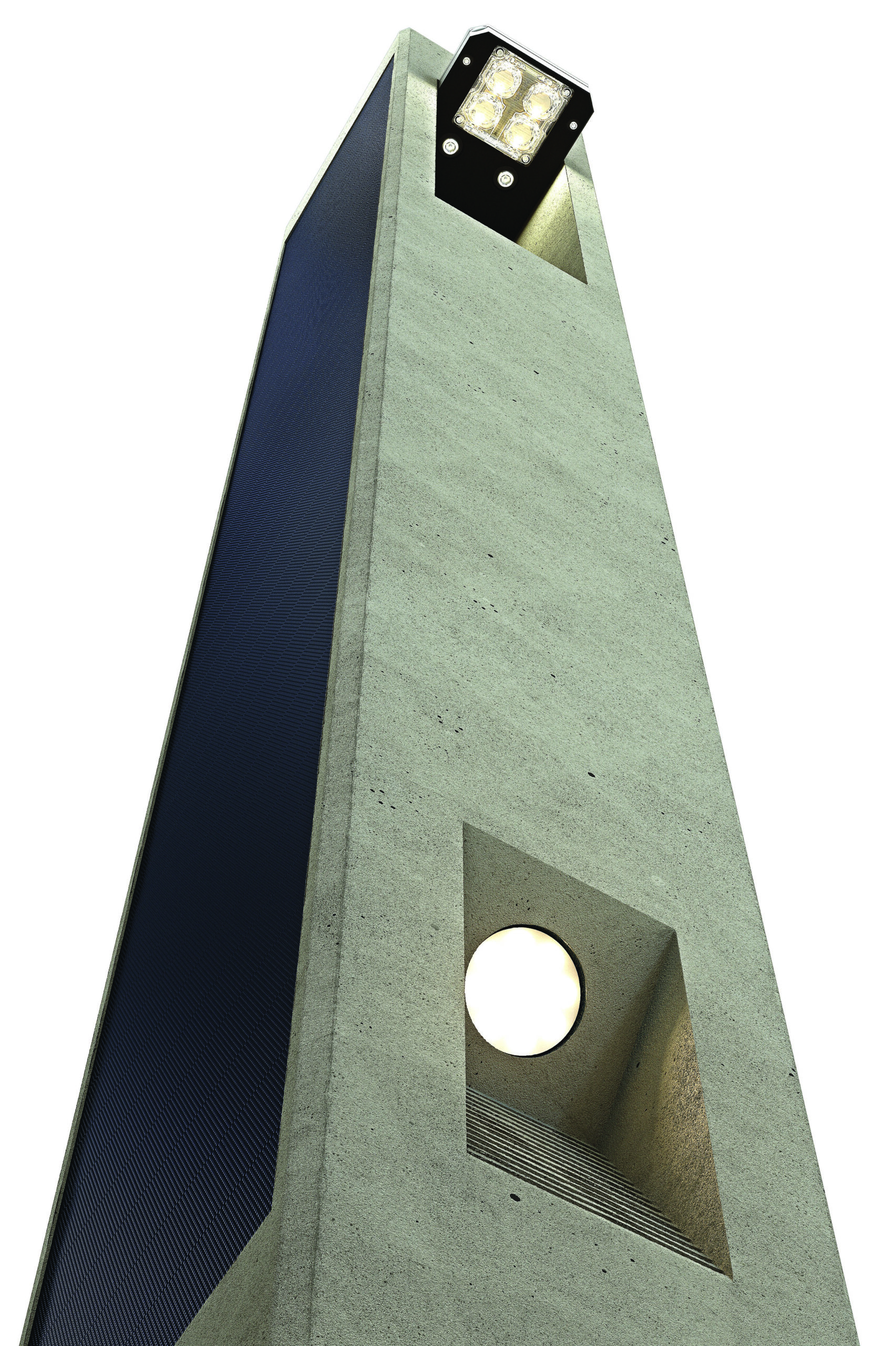 Architectural solar bollard light with integrated pathway and accent lighting in a contemporary concrete design.