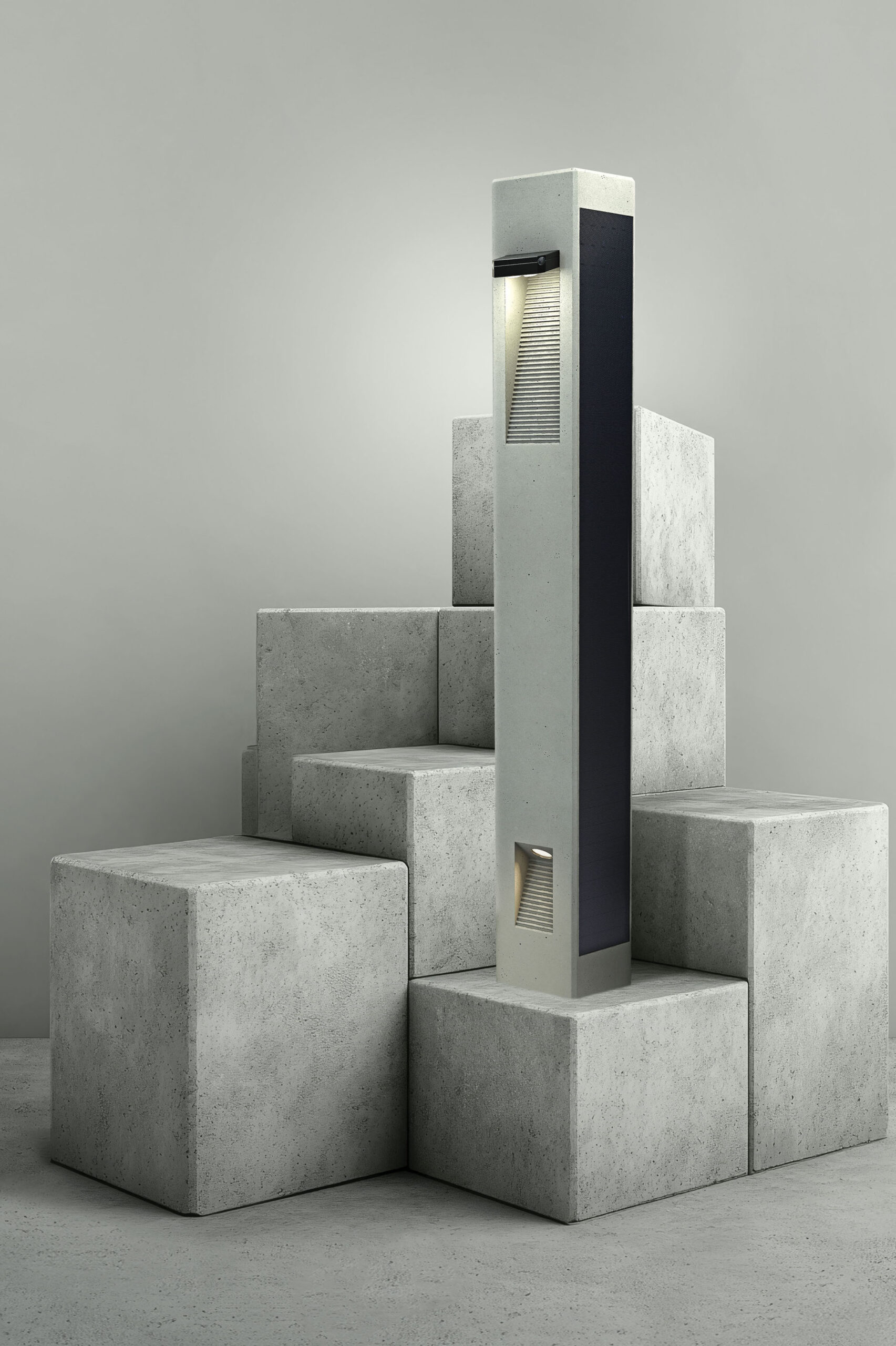 Architectural solar bollard light designed for landscape, pathway, and public space illumination.