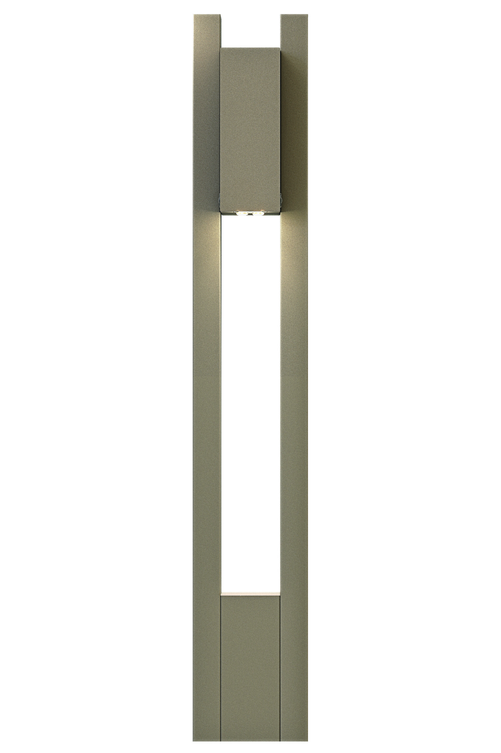 Architectural solar bollard light featuring an open-frame design for pathway and landscape illumination.
