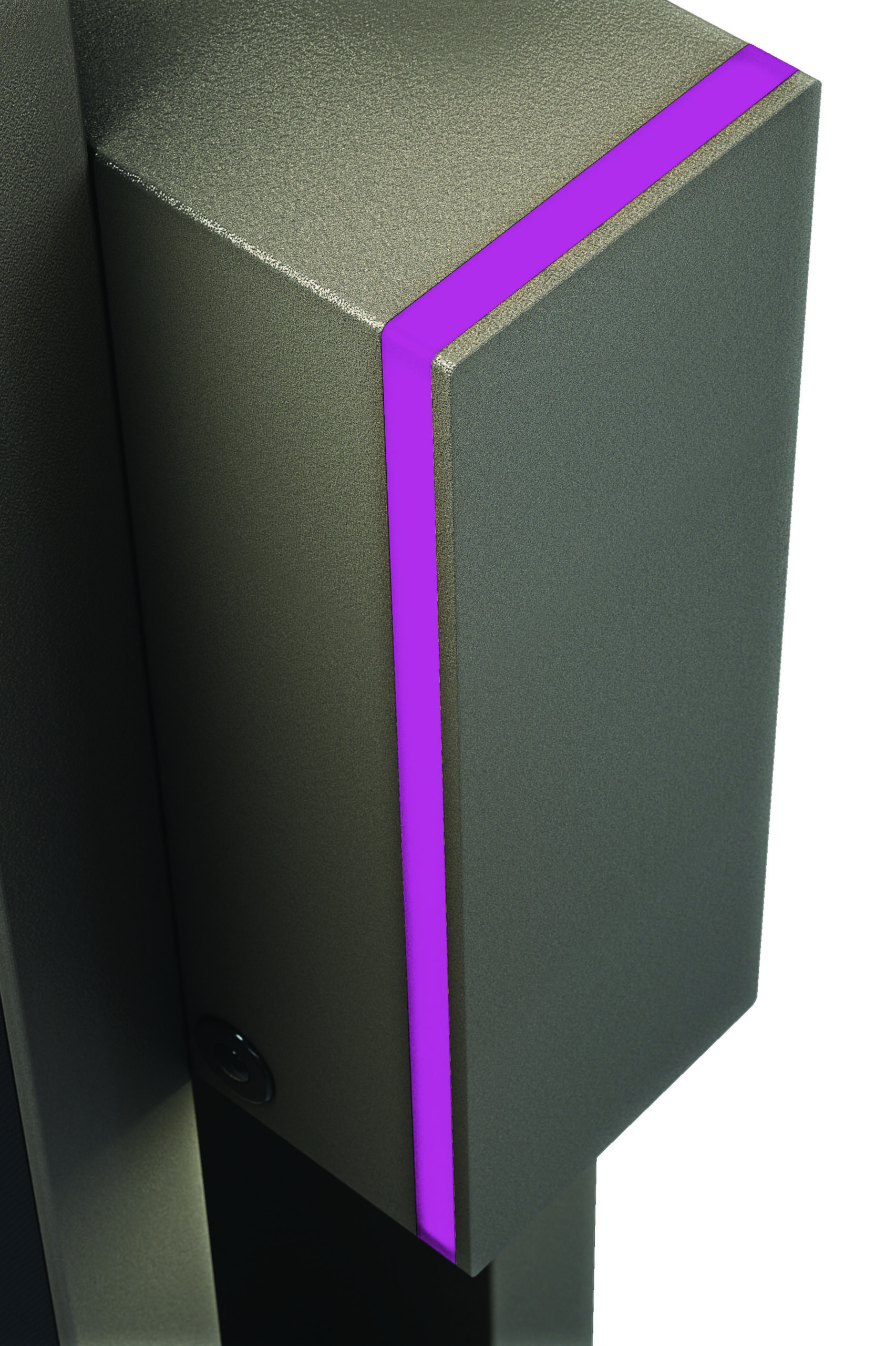 Close-up detail of an architectural solar bollard light featuring an illuminated accent panel and contemporary design.