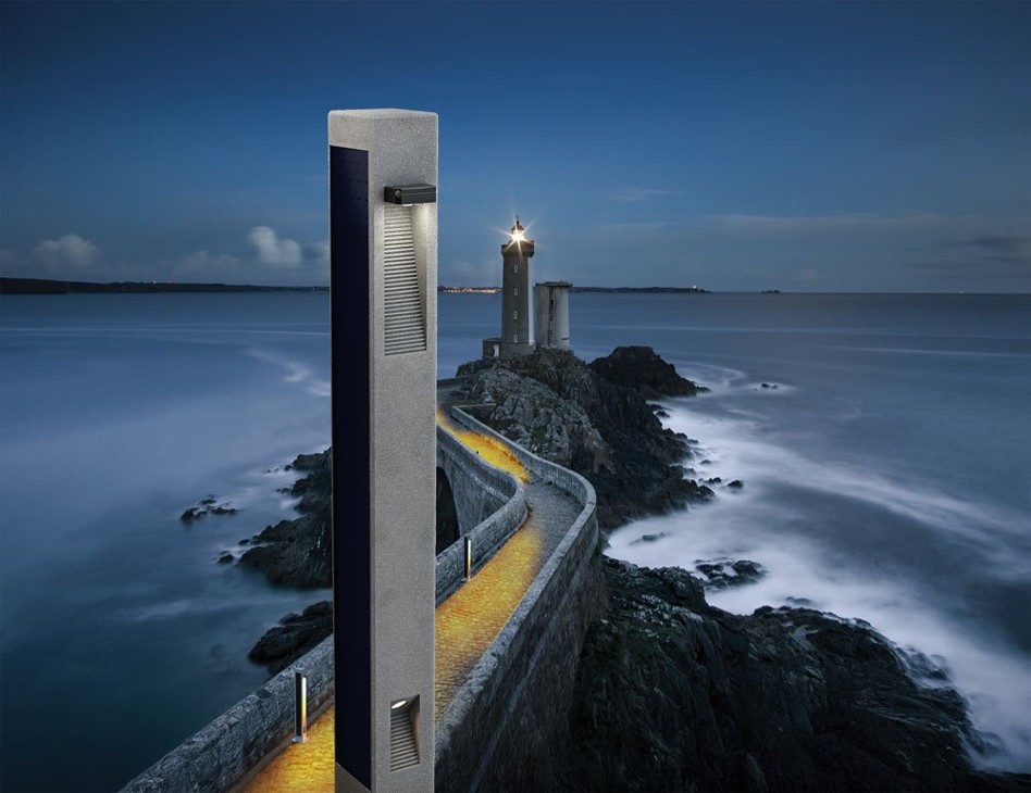 BRUT solar bollard lighting a coastal pathway with durable, modern design and resilient off-grid illumination.