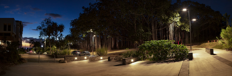 nowatt crystal studs illuminating a community park entrance at night with safe, off-grid lighting.