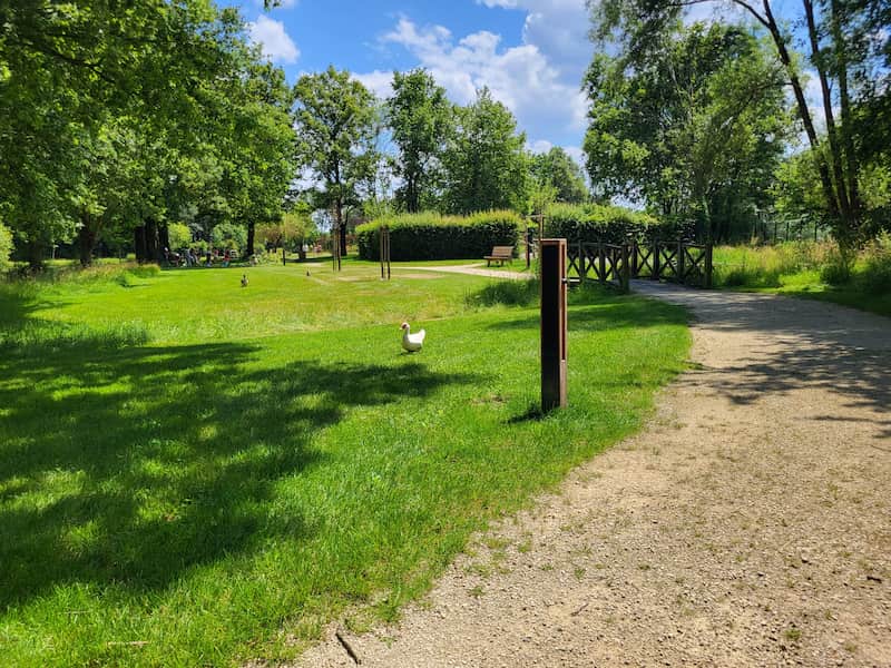 NOWATT solar bollards installed along a sunlit gravel trail in a natural preserve, offering non-intrusive, off-grid lighting for environmentally sensitive pathways.