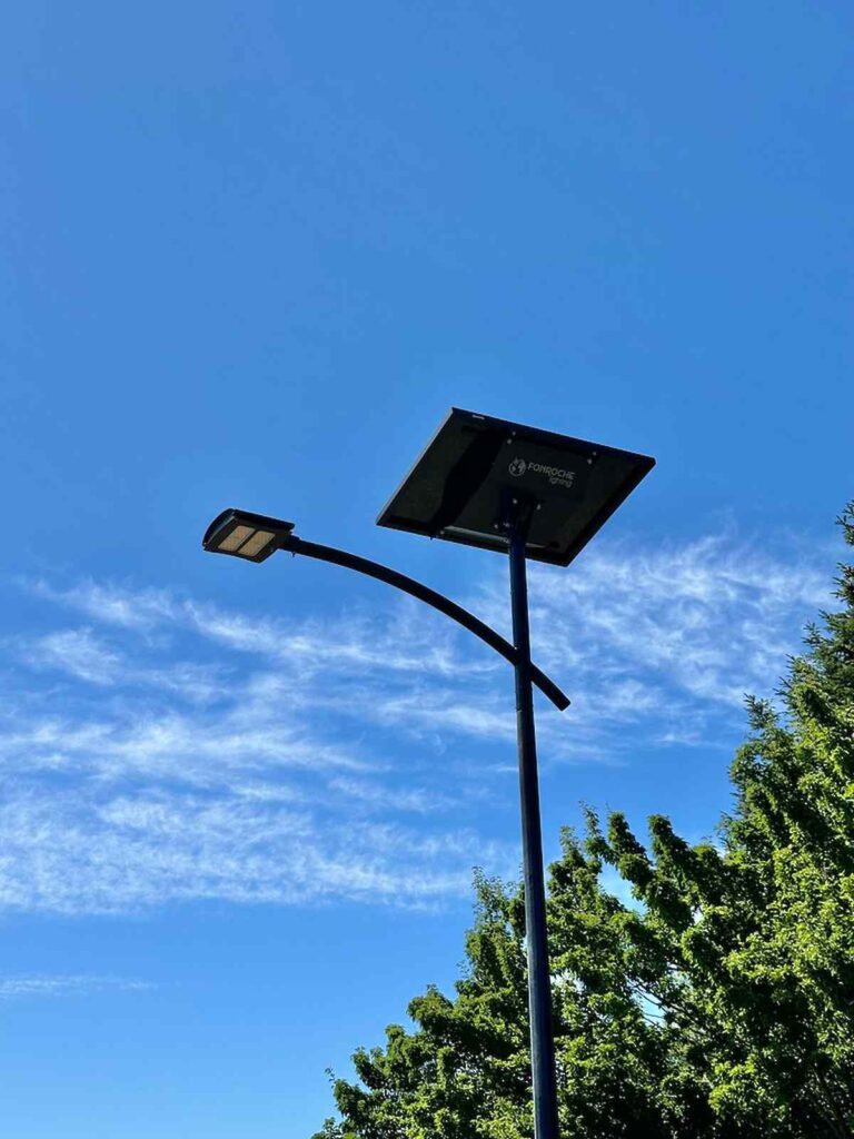 Close-up of a solar-powered streetlight in California, representing grant-funded off-grid lighting solutions