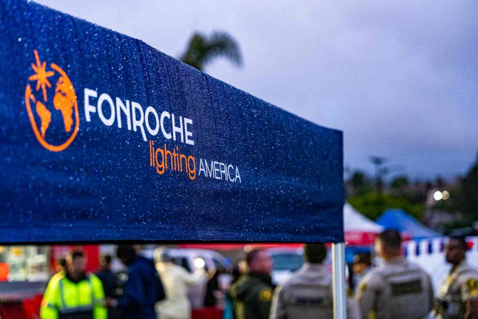 Fonroche Lighting America canopy at a community event, showcasing solar street lighting leadership in the U.S.