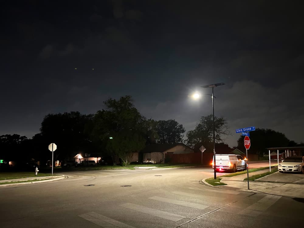 Solar-powered streetlight n the Camelot neighborhood of Bexar County, Texas.