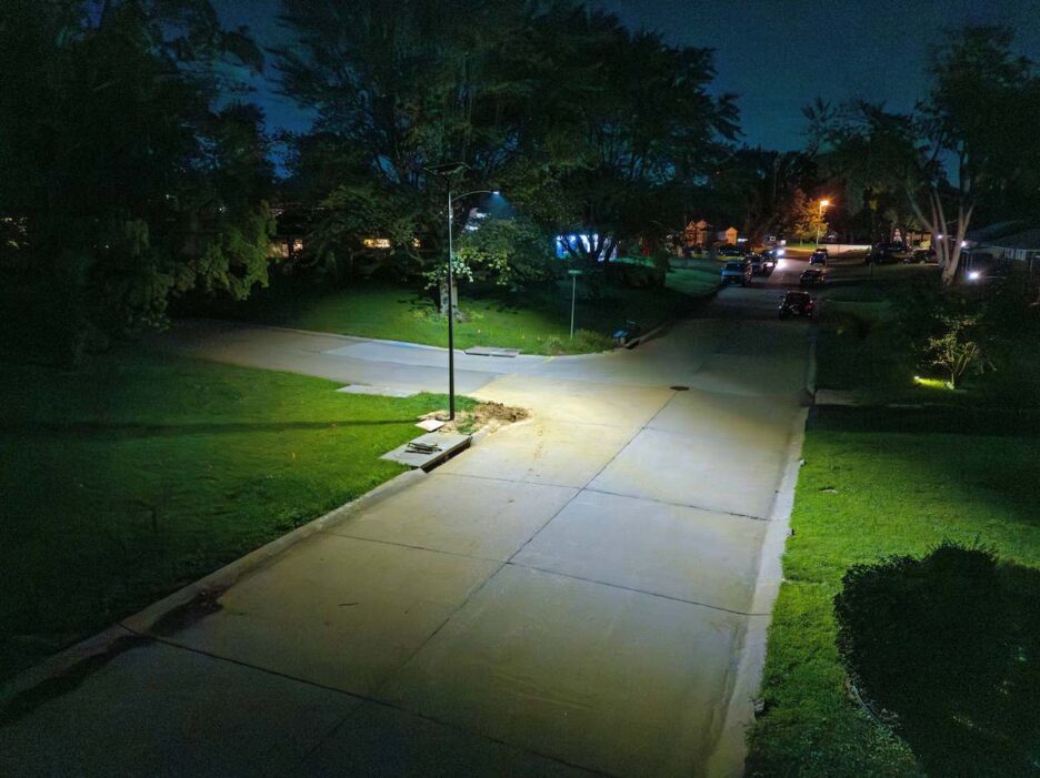 Solar streetlights illuminating a residential community in Alabama, showcasing grid-free lighting solutions for HOAs and neighborhood developments.