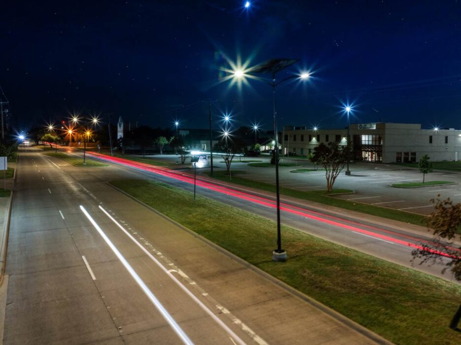 Solar-powered Smart Lights illuminating a South Carolina downtown street at night, enhancing safety and visibility for drivers and pedestrians.