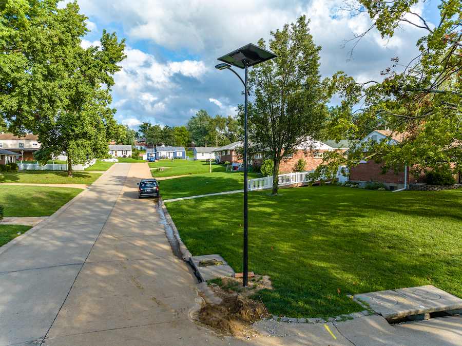Off-grid solar streetlight installed along a rural neighborhood roadway, ideal for improving safety in Georgia’s small counties and faith-based communities.