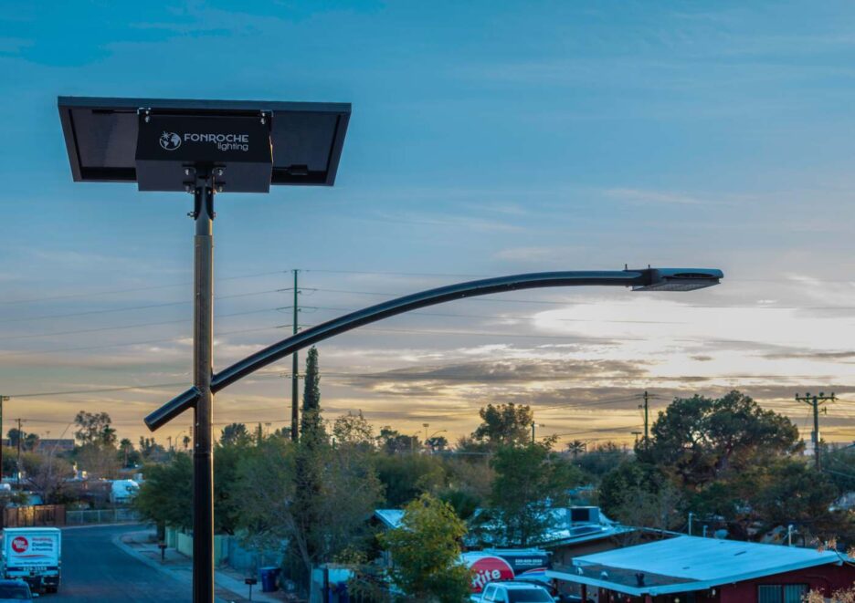 Fonroche solar streetlight installed in an Alabama community, offering resilient, grid-free lighting for streets and public safety infrastructure.
