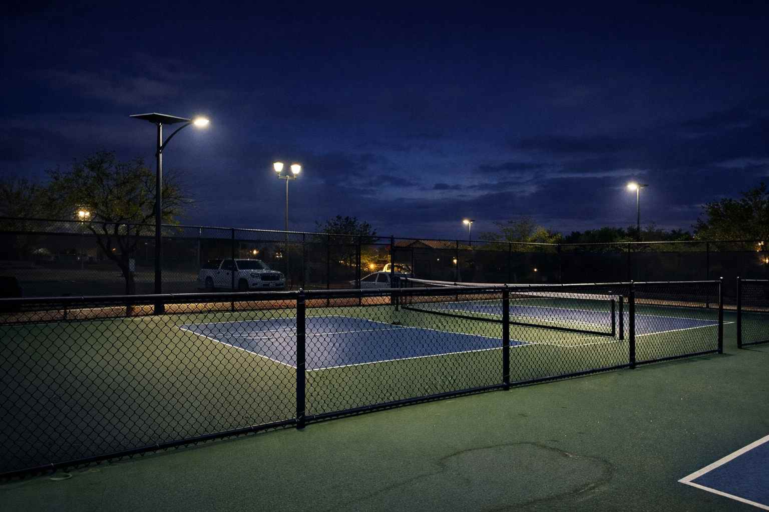 Smart solar lights illuminating open recreational fields at dusk