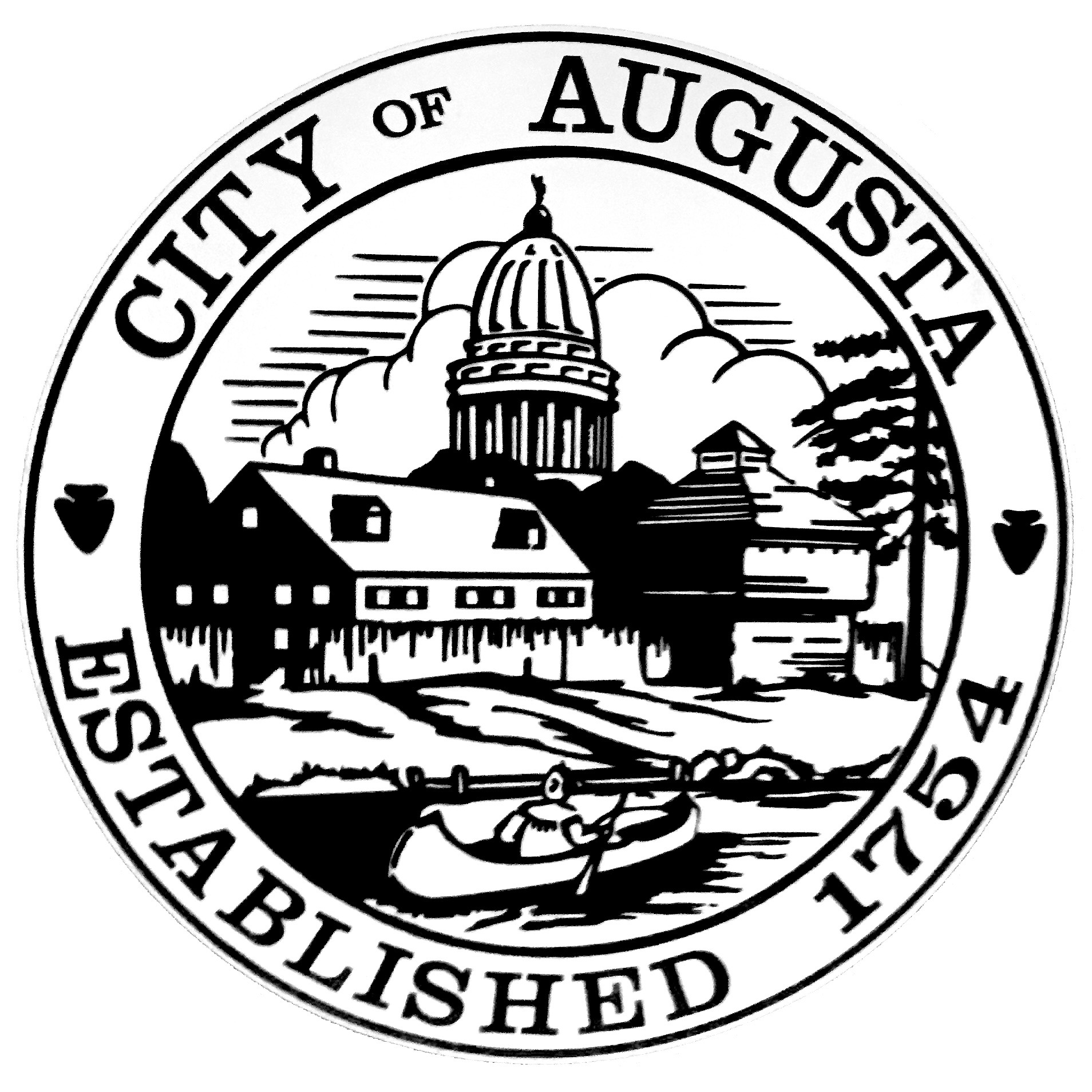 City of Augusta seal featuring historic buildings, river scene with boat, and circular text reading “City of Augusta Established 1754”