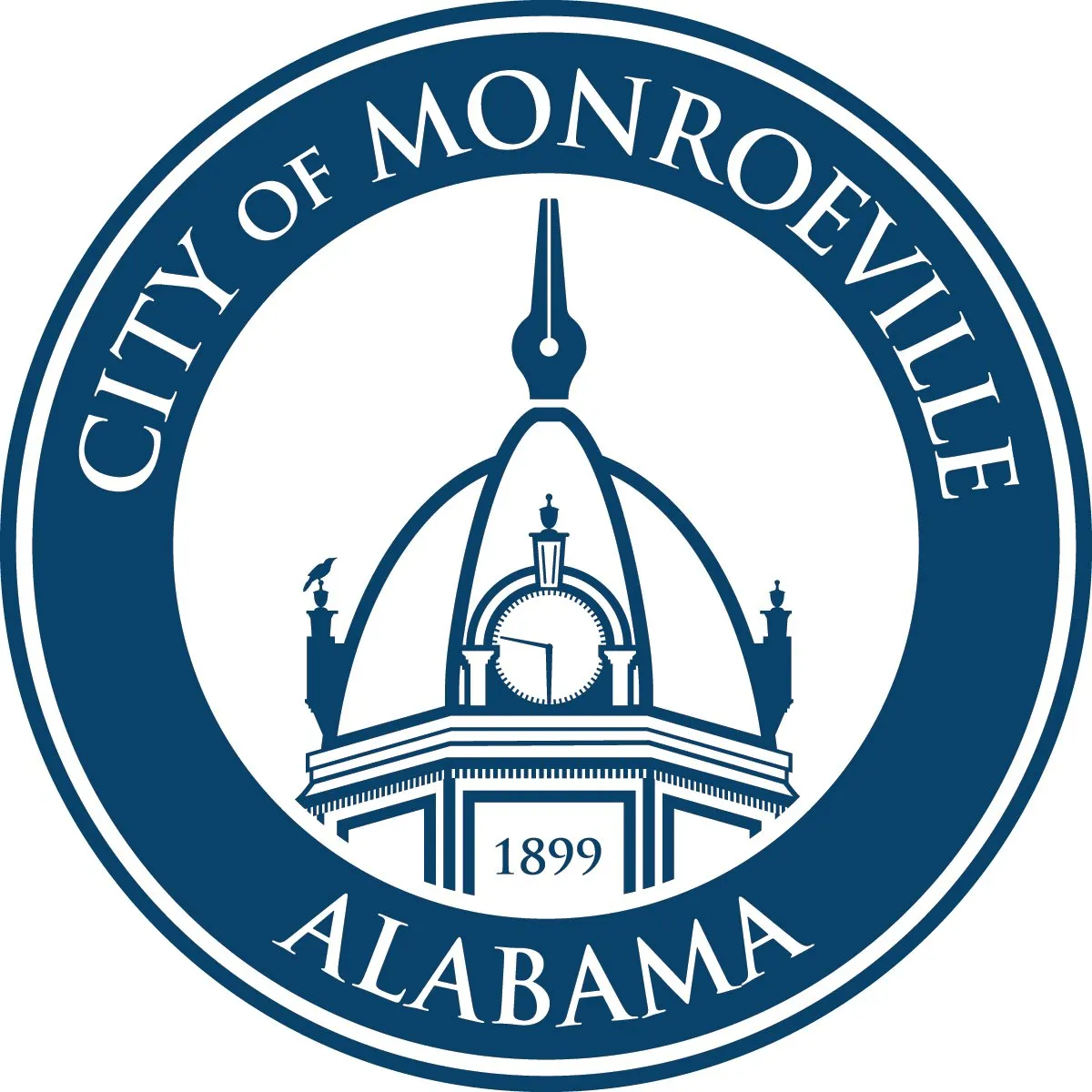 City of Monroeville Alabama seal featuring historic courthouse dome with clock and founding year 1899