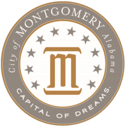City of Montgomery Alabama official seal featuring circular emblem with stylized “M,” stars, and text reading “Capital of Dreams”