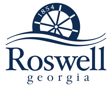 City of Roswell Georgia logo featuring stylized water wheel with “1854” and city name text in blue