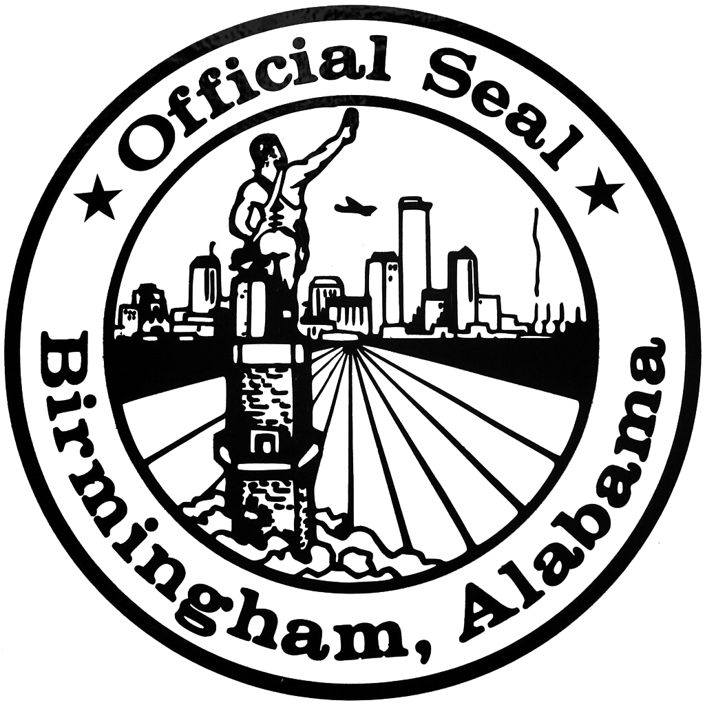 Official seal of Birmingham Alabama featuring statue, city skyline, and industrial landscape with circular text label