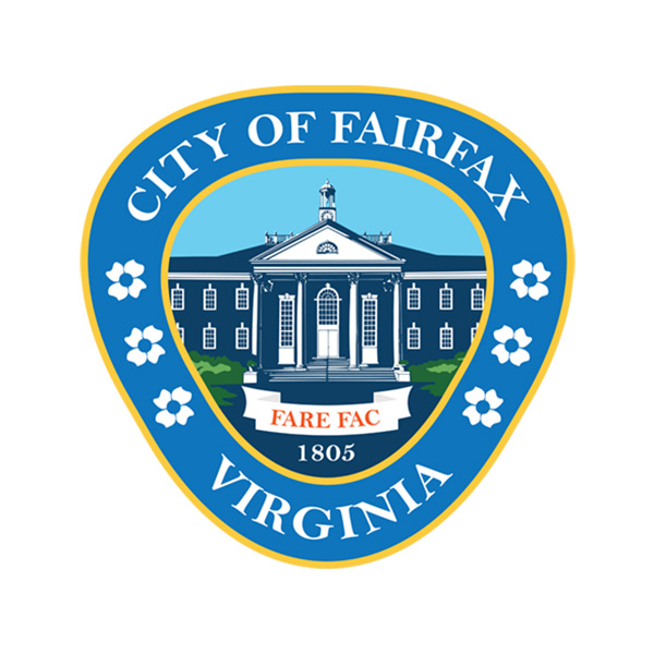 City of Fairfax Virginia seal featuring historic courthouse building, floral elements, and text with founding year 1805