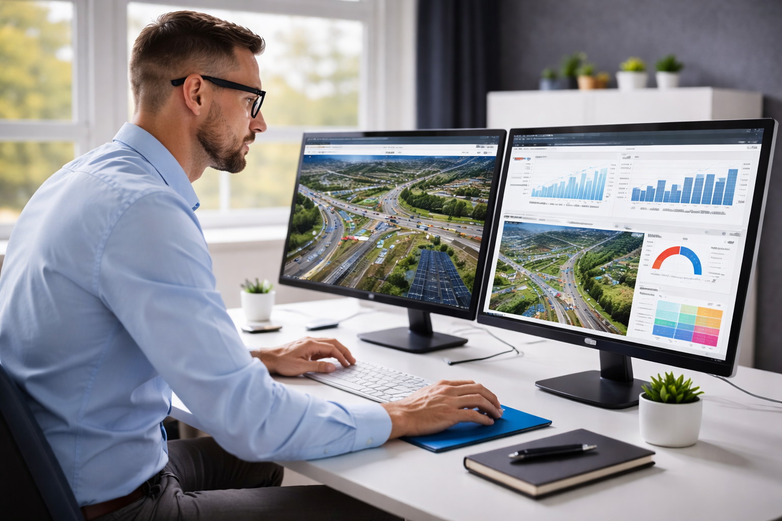 fonroche-connect Operator monitoring solar street lighting performance and analytics on multiple computer screens using Fonroche Connect smart lighting software.