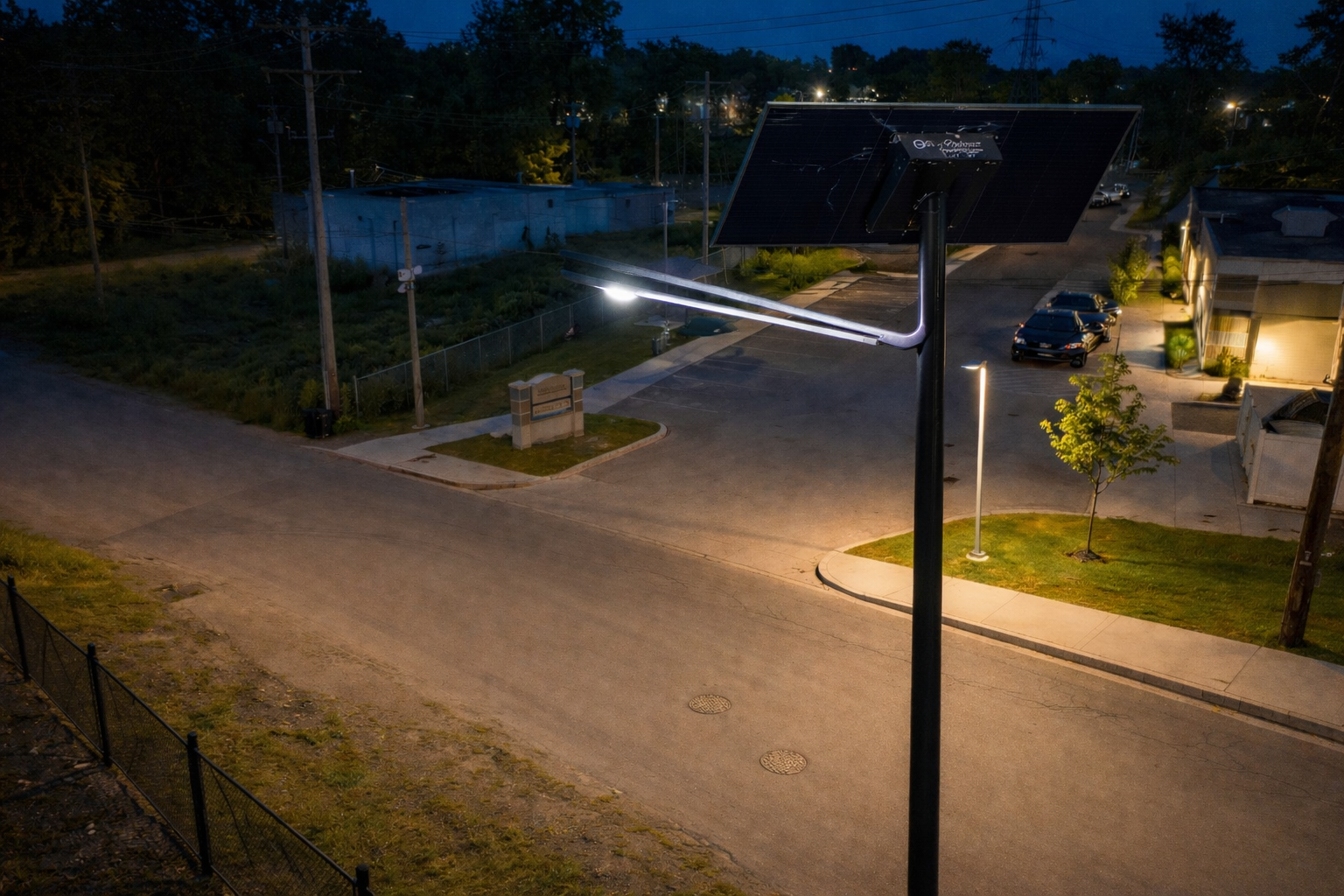 NEW ART solar streetlight illuminating a residential roadway at night with efficient off-grid LED lighting and modern architectural design.