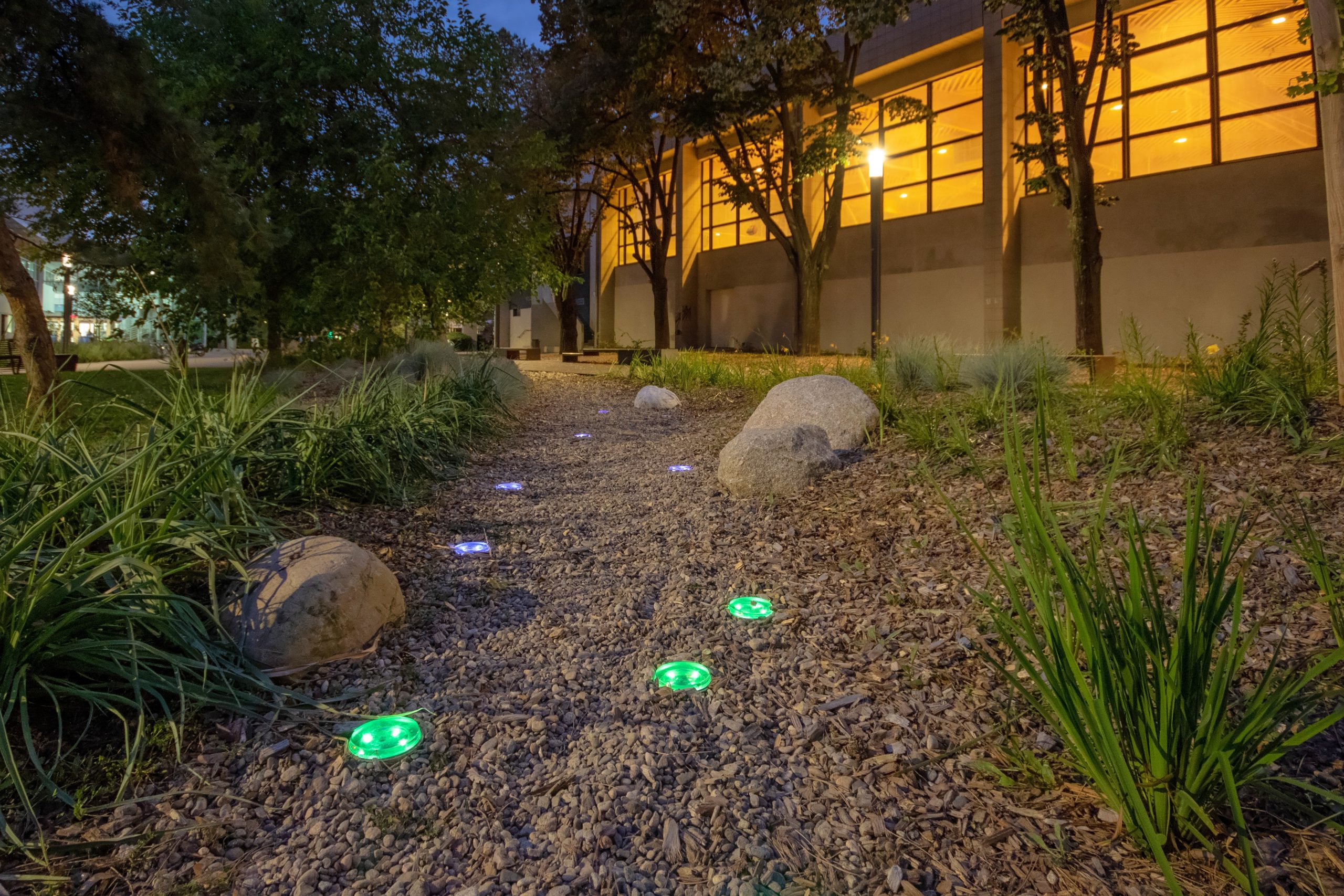 nowatt-lighting-app-solar-light-control In-ground solar pathway lights controlled by the NOWATT Lighting App illuminating a landscaped pedestrian walkway beside a modern building at night.