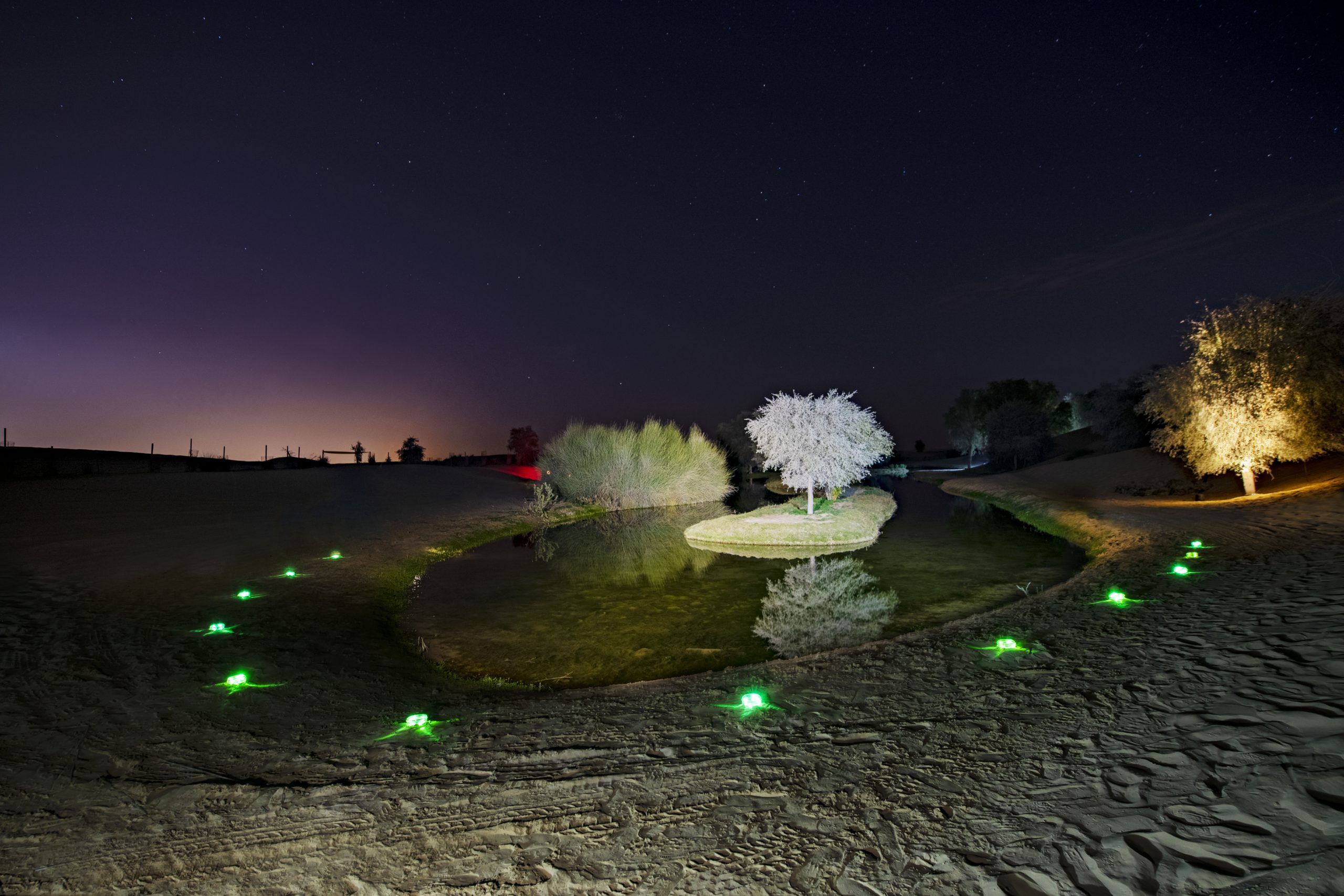 solar-crystal-stud-lights-waterfront-pathway-night-visibility.jpg In-ground CRYSTAL STUD solar indicator lights illuminating a curved outdoor pathway at night in a landscaped environment.