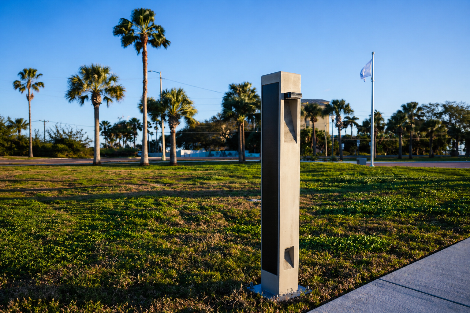 brut-solar-bollard-pathway BRUT solar bollard light installed along a pedestrian pathway in a landscaped public space.