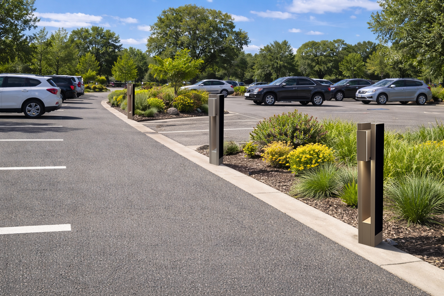 follow-solar-bollards-parking-lot Modern solar bollard lights installed along a landscaped parking lot walkway, providing sustainable architectural lighting for commercial spaces.