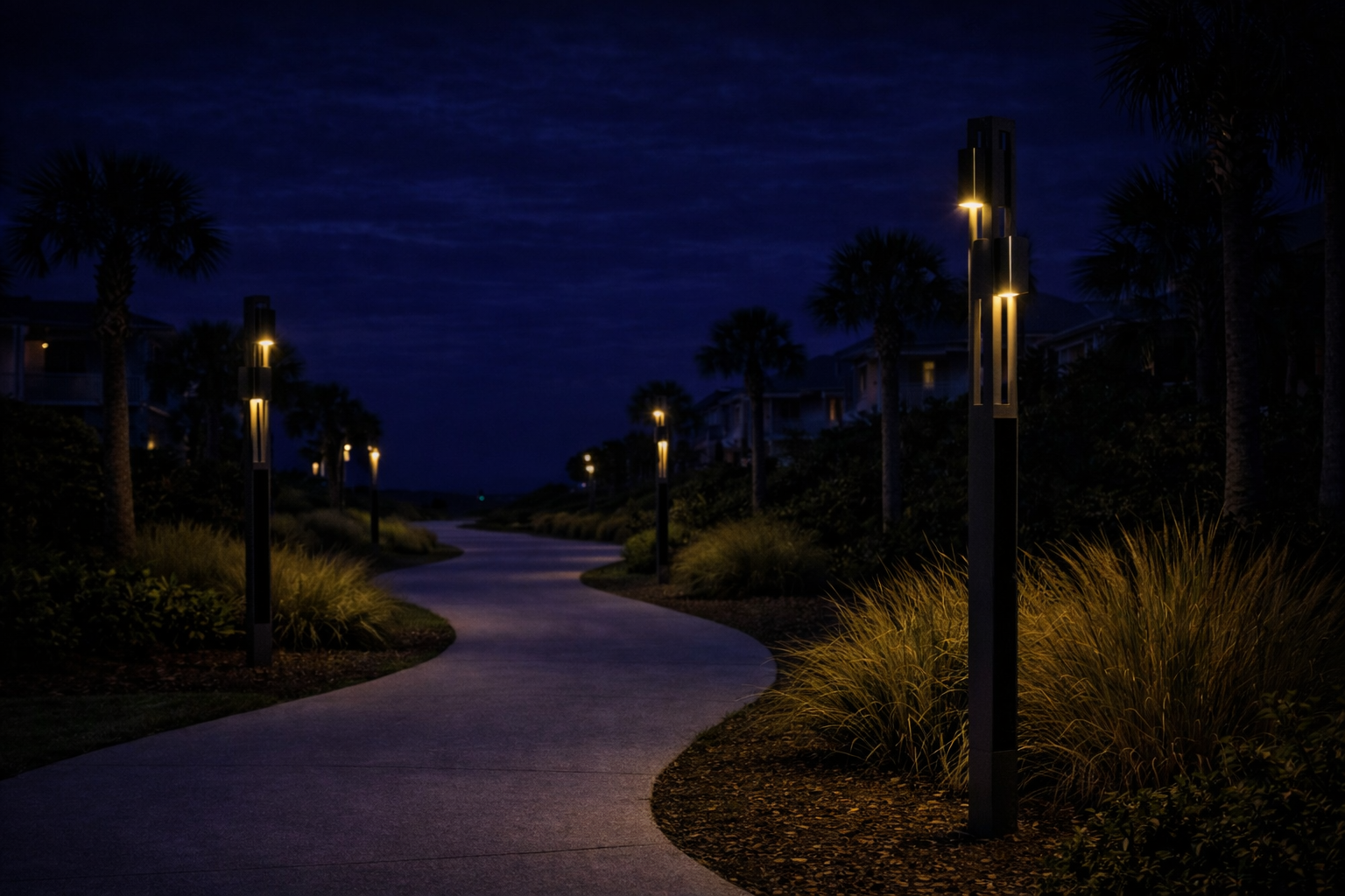 follow-up-solar-column-pathway FOLLOW solar bollard lights illuminating a winding pedestrian pathway for safe nighttime navigation.