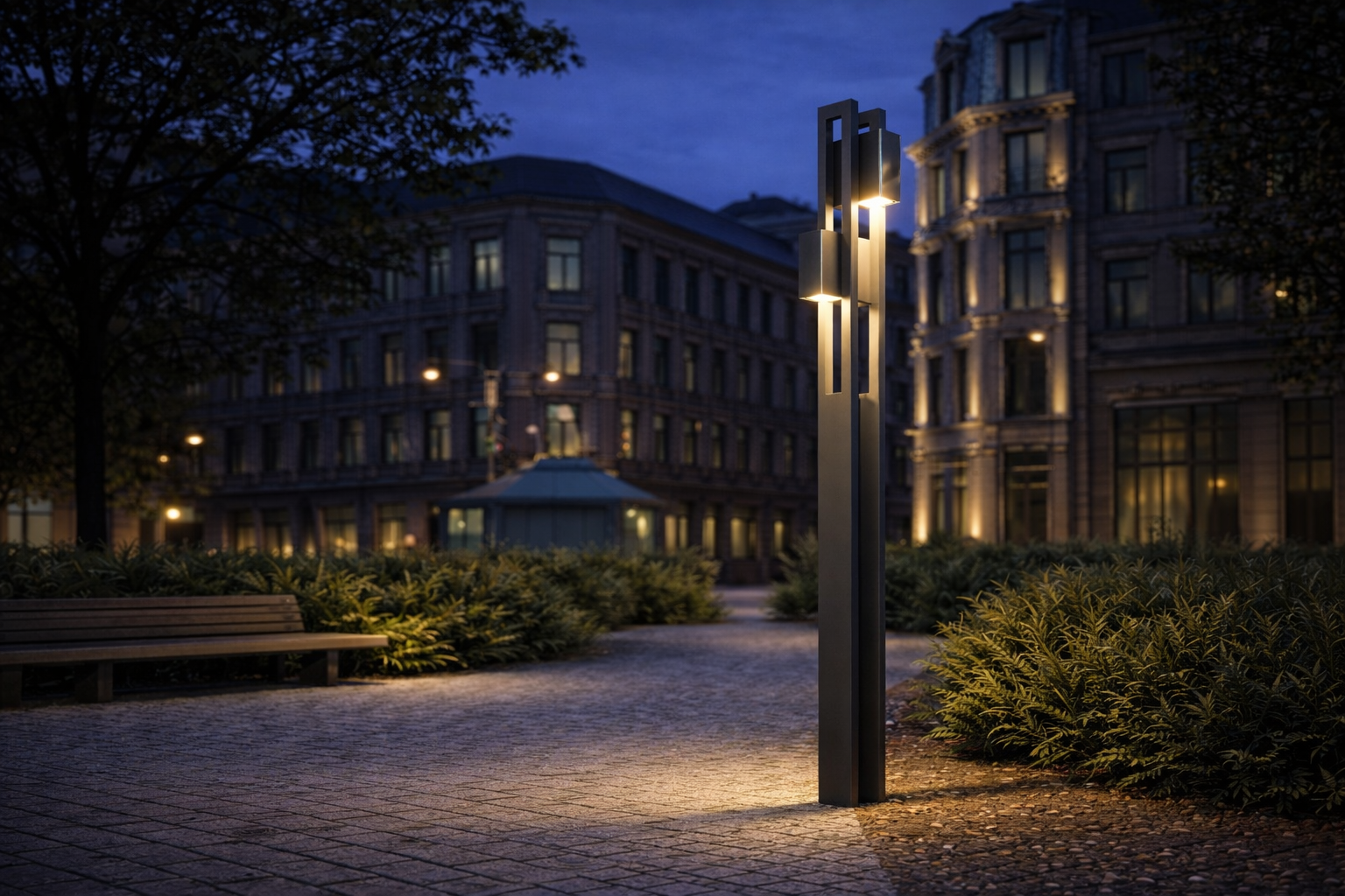 follow-up-column-pathway Contemporary solar bollard lighting illuminating an urban plaza at night, enhancing safety and architectural ambiance in public spaces.