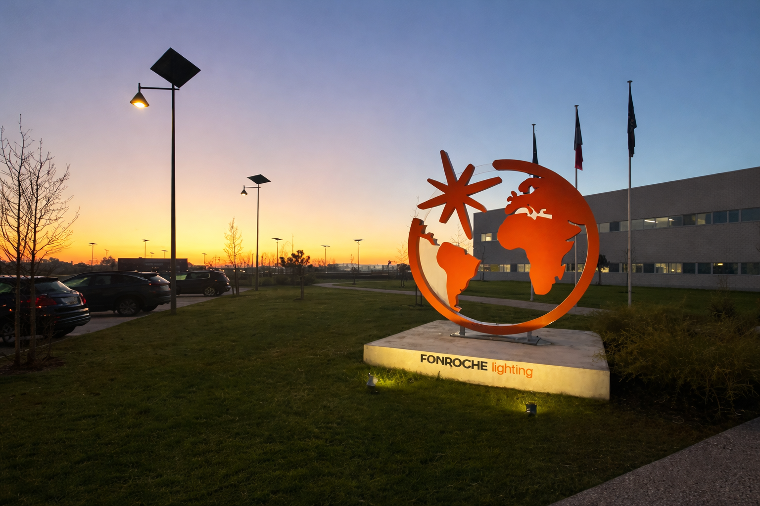 fonroche-lighting-technical-support Solar street lighting installation at Fonroche headquarters with illuminated globe sculpture at sunset