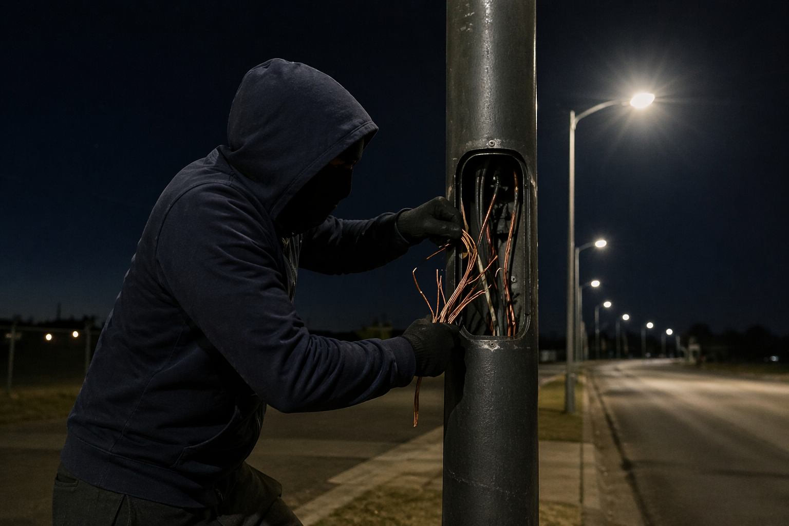 theft and vandalism A person in dark clothing is attempting to tamper with a solar-powered streetlight at night, reaching toward the fixture and pole where no exposed wiring is visible.