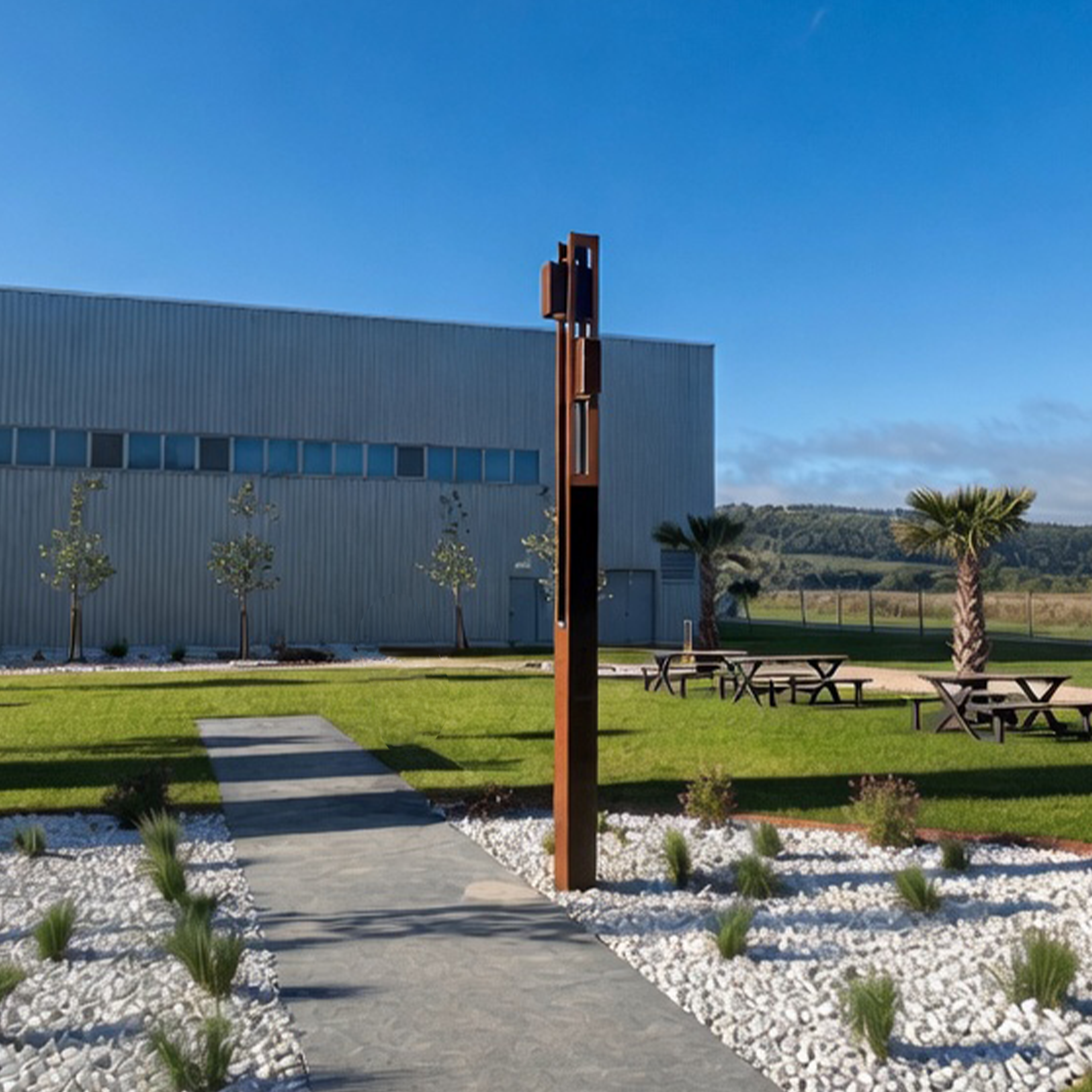 Nowatt solar bollard light installed in a commercial landscape setting for pathway and public space illumination.
