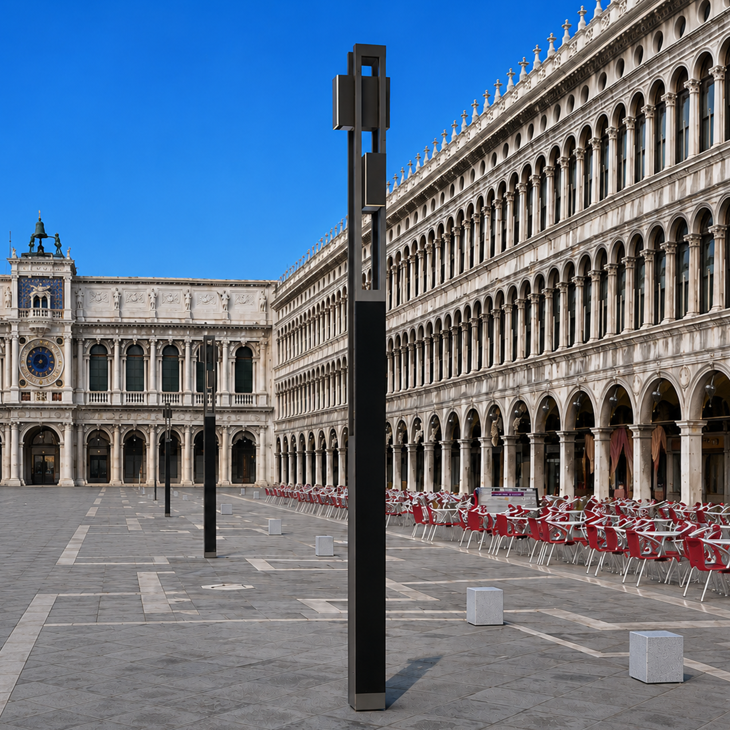 Nowatt architectural solar bollard light installed in a public plaza for pathway and urban space illumination.