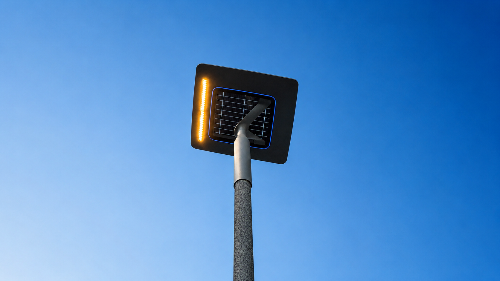 helia-solar-street-light HELIA solar lighting installed near a modern parking structure, providing autonomous off-grid illumination for commercial and urban environments.